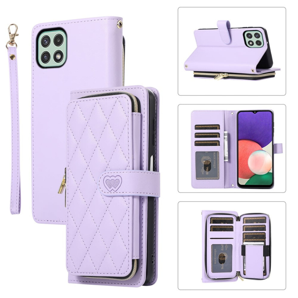 Luxury Leather Wallet Case For Samsung Galaxy A22 5G (6.6"), With Wrist/Shoulder Strap, 9 Card Slots, Zipper Purse, Stand Function, Checkered Design, 9418476660146