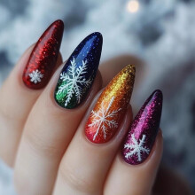 Christmas Press on Nails Medium Almond Fake Nails Winter Snowflake Acrylic Nail Full Cover False Nails Cute Christmas Stick on Nail for Women, 24 Pcs