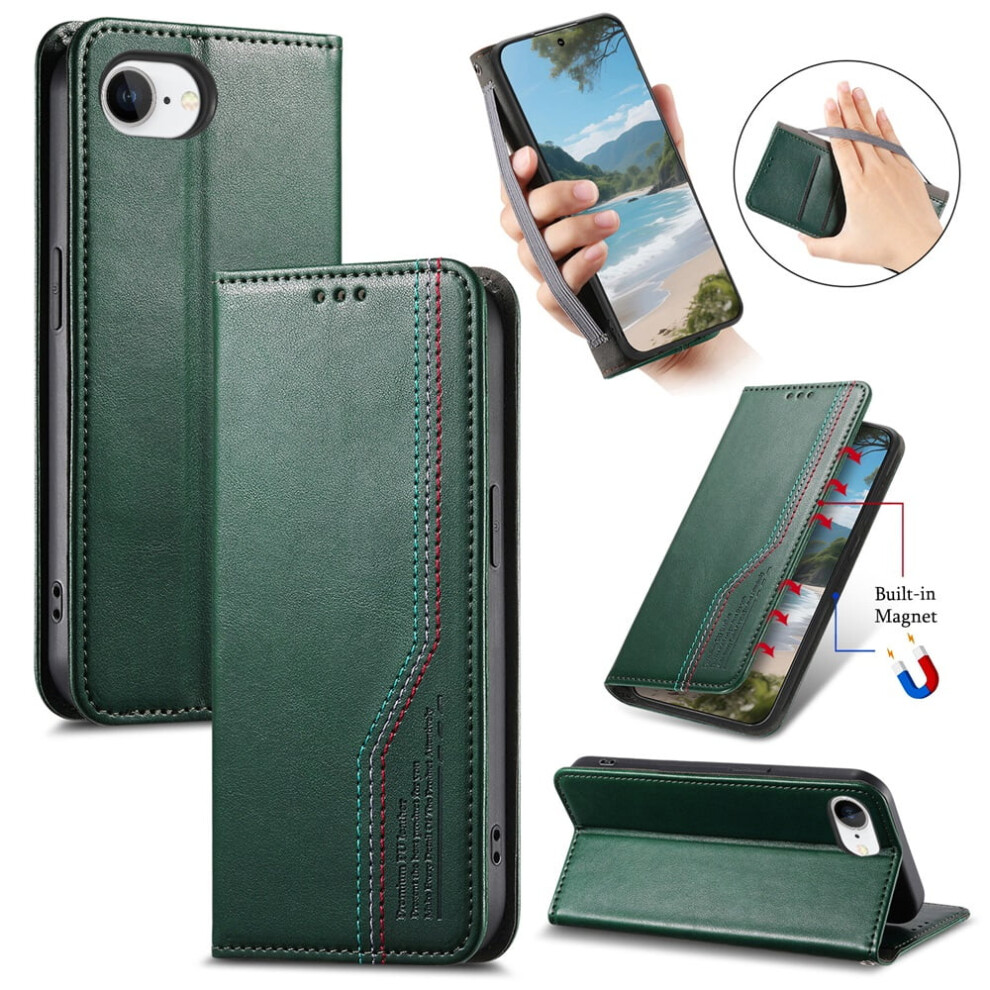 Iphone 16E 6.1" Case – Magnetic Flip Stand Wallet With Elastic Wristband, Compatible With Iphone 16E Green 9418476660269