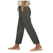 Womens Linen Pants High Waisted Elastic Drawstring Lounge Trousers Summer Casual Side Split Beach Pants with Pockets Dark Gray, L