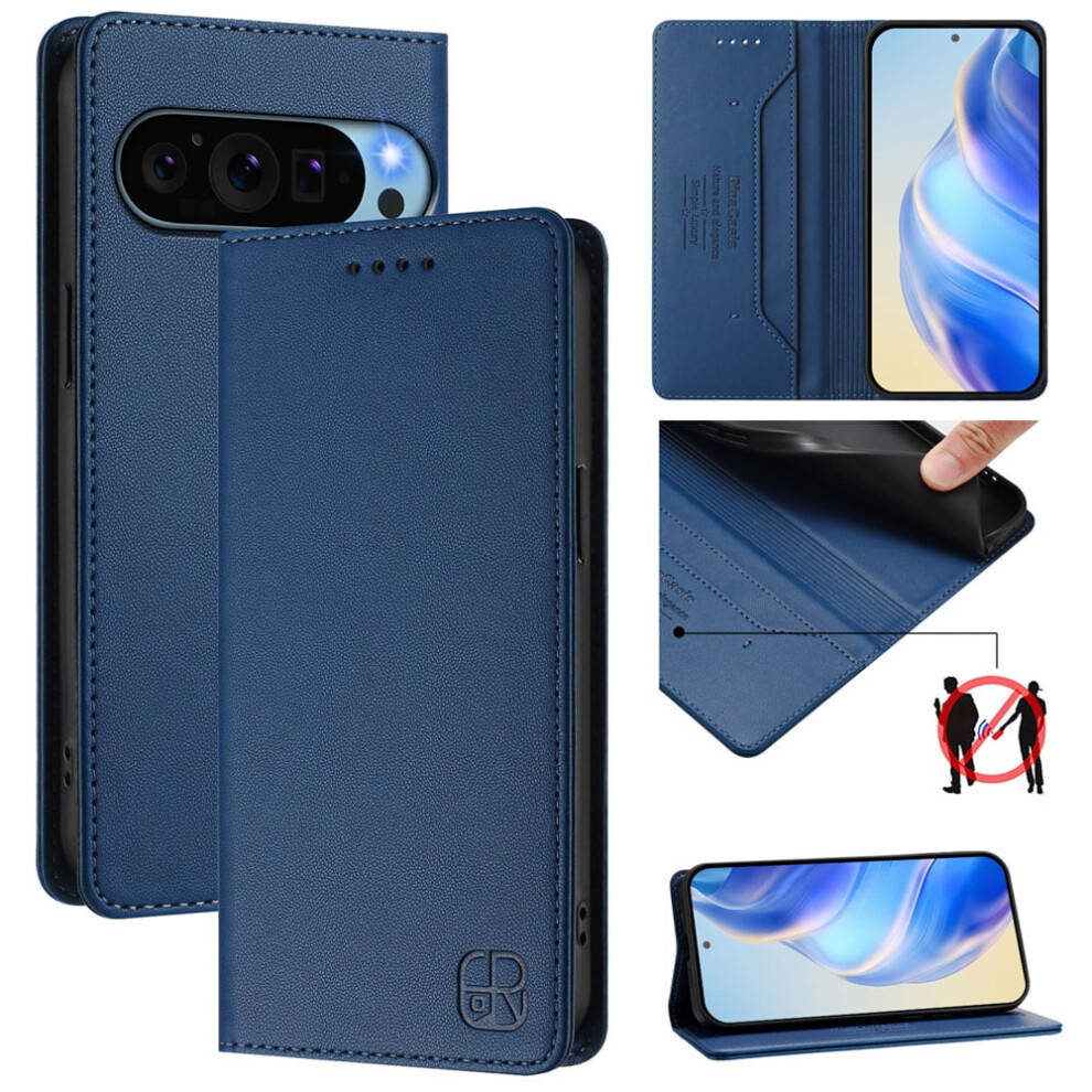 Wallet Case For Google Pixel 9 Pro Xl 6.8", Rfid Blocking Pu Leather Magnetic Folio, 2 Card Slots, Kickstand, Shockproof, Dark Blue 9418476661013