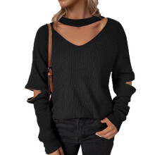 Women's V-neck halter sweater with hollow-out detail and
