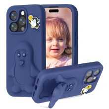 Cartoon Pinguïn Baby Stand EVA-hoesje voor iPhone 16 Pro – Donkerblauw, valbestendig, milieuvriendelijk