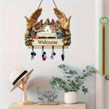 2D Flat Jesus and Disciples Wall Art Keychain Holder, Rustic Wooden Key Rack, Yellow Decor for Church & Home