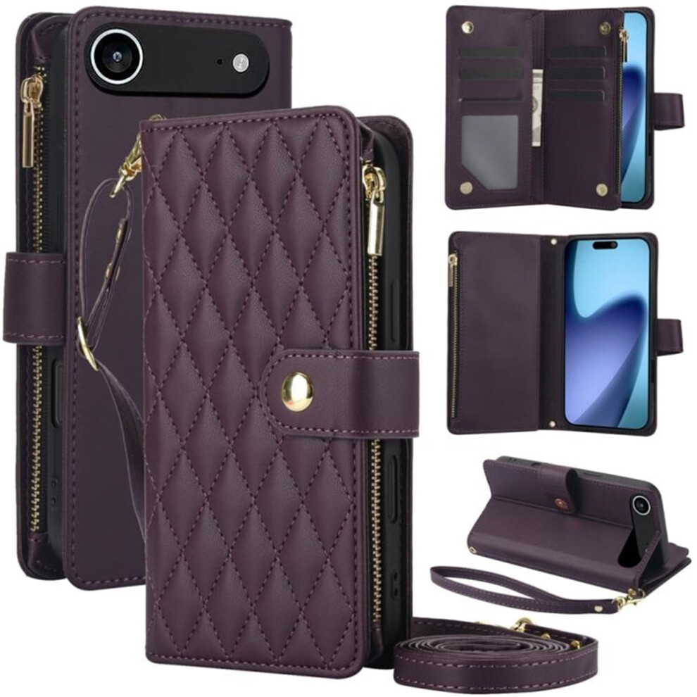 Rfid-Blocking Flip Wallet Case For Iphone Air 6.5" Â Dark 3-Card Slots, Kickstand, Wrist Strap, Lanyard & Zipper Purple 9485826599159