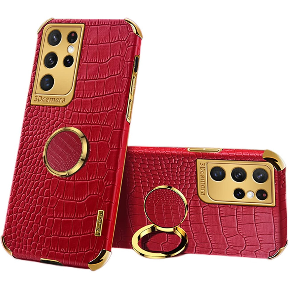 Luxury Soft Leather Phone Case With Rotatable Finger Ring For Samsung Galaxy A12/A22/A32/A42 4G/5G Â Four-Corner Reinforced Red 9130661892698