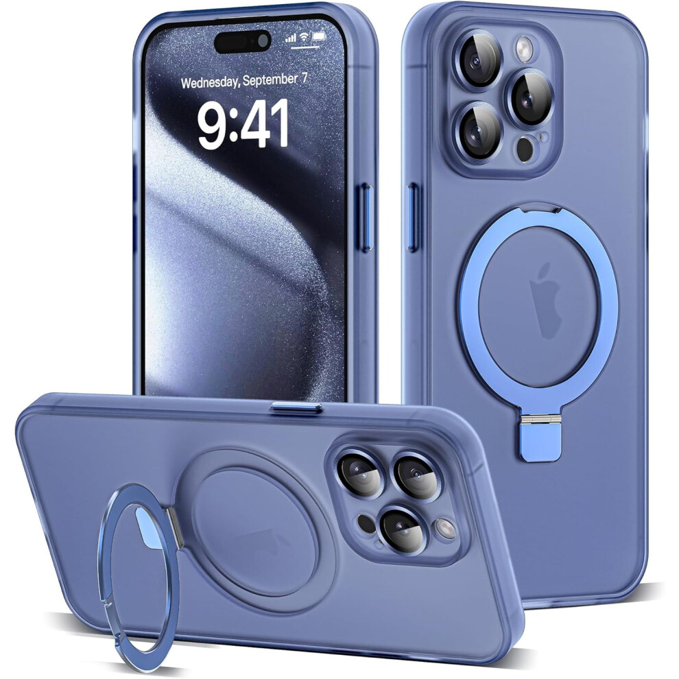 Iphone 15 Pro Max Case With Magnetic Ring Stand, Full Lens Protection, Magsafe Compatible, Military-Grade Translucent, Blue 9130661893329