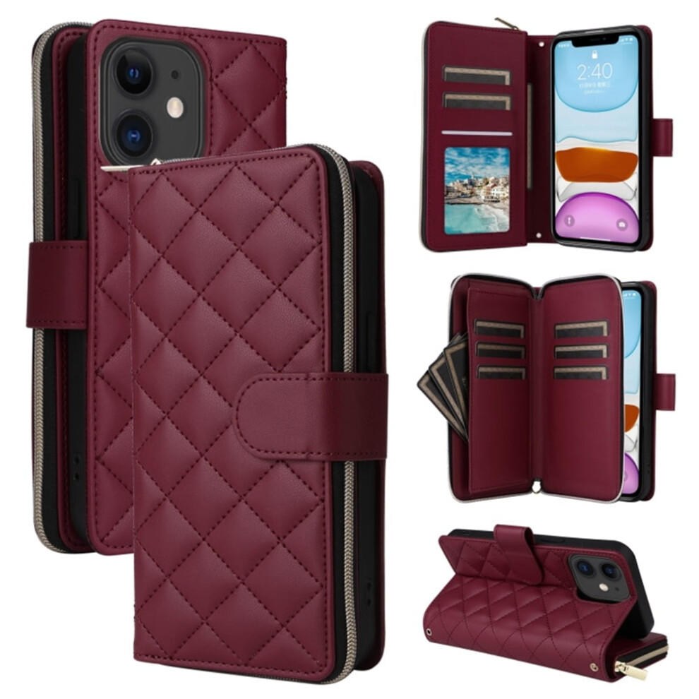 Magnetic Flip Wallet Case For Iphone 11: 9-Card Slots, Zipper Pocket, Detachable Shoulder & Wrist Straps Â Wine Red 9152228495500