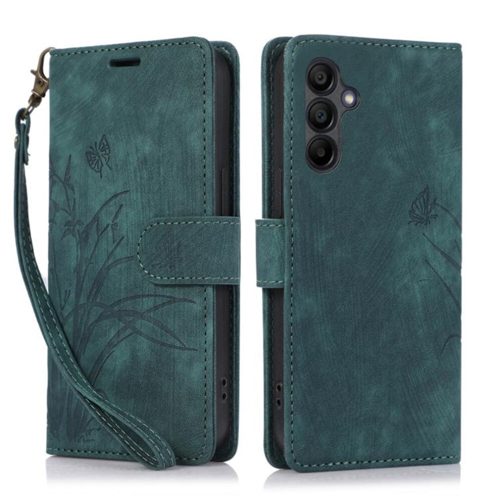 Leather Flip Wallet Case For Compatible With Samsung Galaxy A15 4G Â Orchids & Butterflies Embossed, 3-Card Holder, Magnetic Closure, Green 9152228496439
