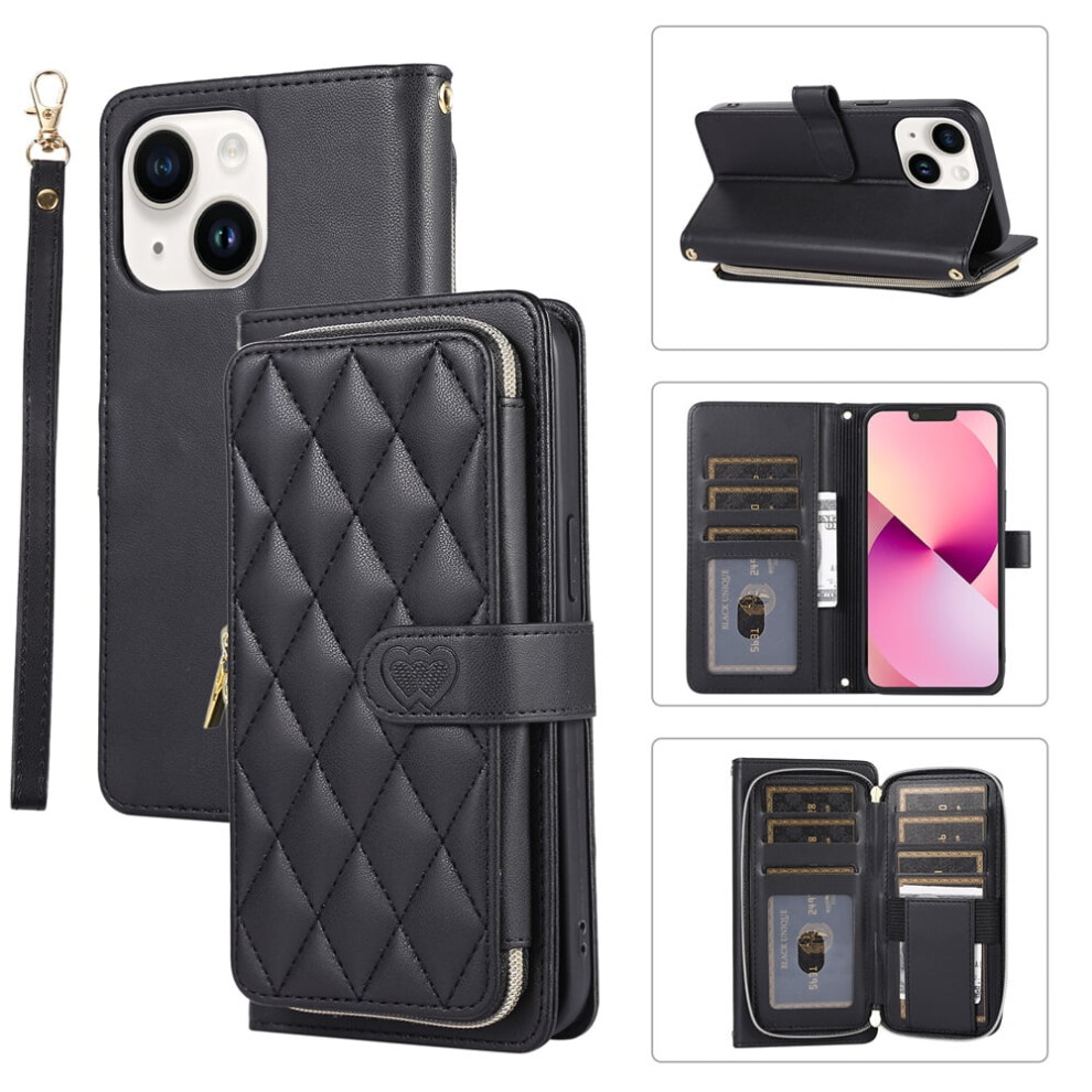 Luxury Leather Wallet Case With Wrist/Shoulder Strap, 9 Card Slots & Zipper Purse For Compatible With Iphone 14 6.1" Â Black 9152228496156