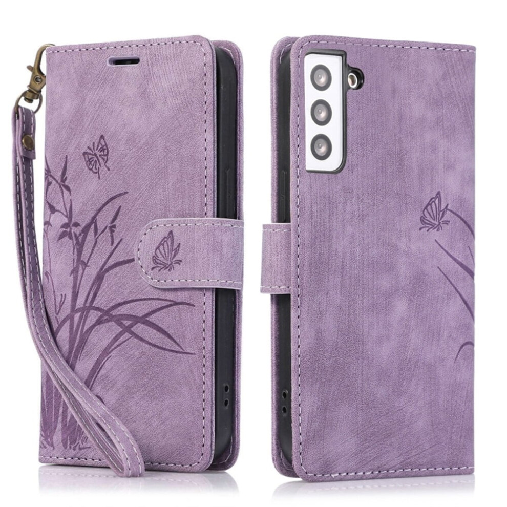 Leather Flip Wallet Case For Compatible With Samsung Galaxy S21 5G Â Orchids & Butterflies Embossed, Magnetic Closure, 3-Card Holder, Purple 9152228496705
