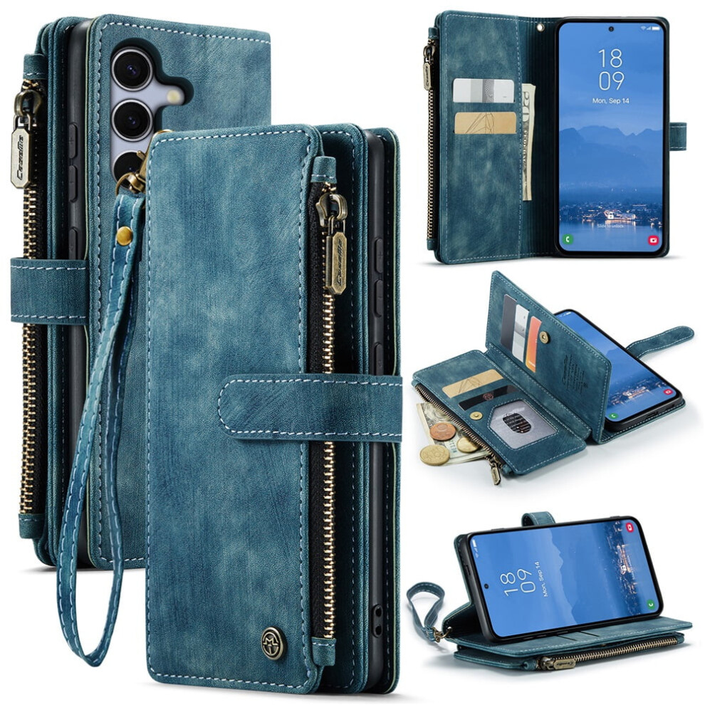 Caseme Wallet Case For Compatible With Samsung Galaxy S25 Â Pu Leather Magnetic Flip, Lanyard, Zipper Card Holder, 6.2", Blue 9170372104369