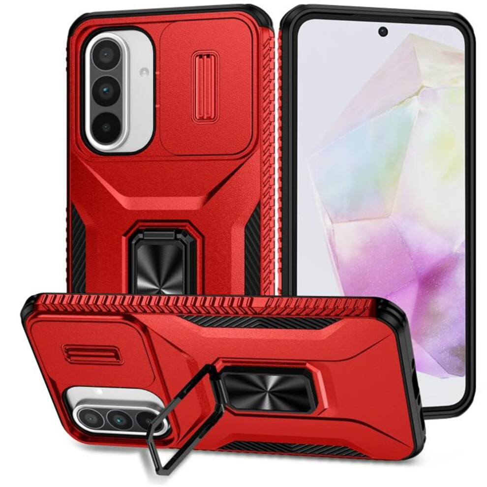 Slim Fit Shockproof Hybrid Case For Samsung Galaxy A36 6.7" – Military-Grade, Slide Camera Cover & Rotated Ring Kickstand, Red 9170372104284
