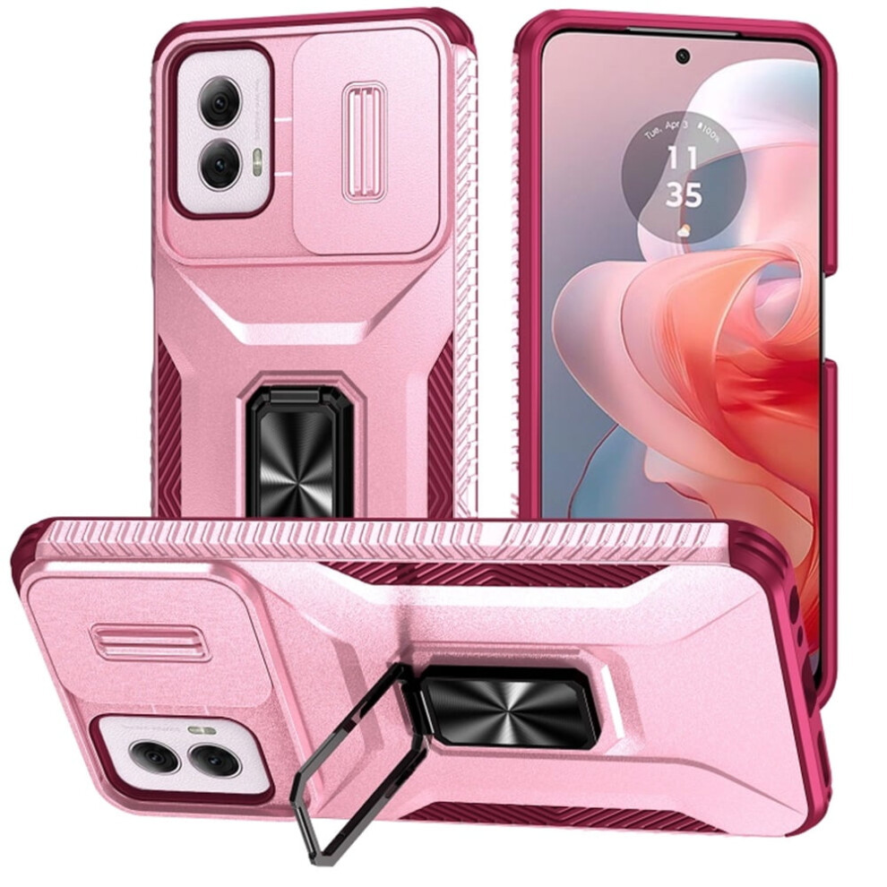 Slim Shockproof Hybrid Case For Motorola Moto G Power 2024 (6.7"), With Slide Camera Cover & Rotated Ring Kickstand, Military-Grade, Compatible Pink 9170372104758