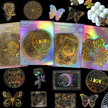 Conjunto de 180 adesivos holográficos – Folha de ouro, transparentes e à prova d'água: Borboletas, flores e letras vintage para cadernos,