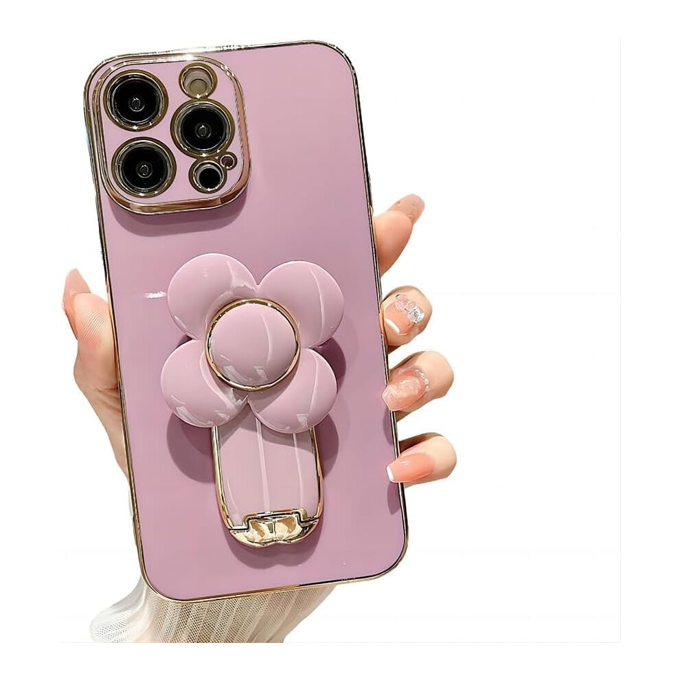 Iphone 12 Case Electroplated With 3D Flower Kickstand Purple 9558830561655
