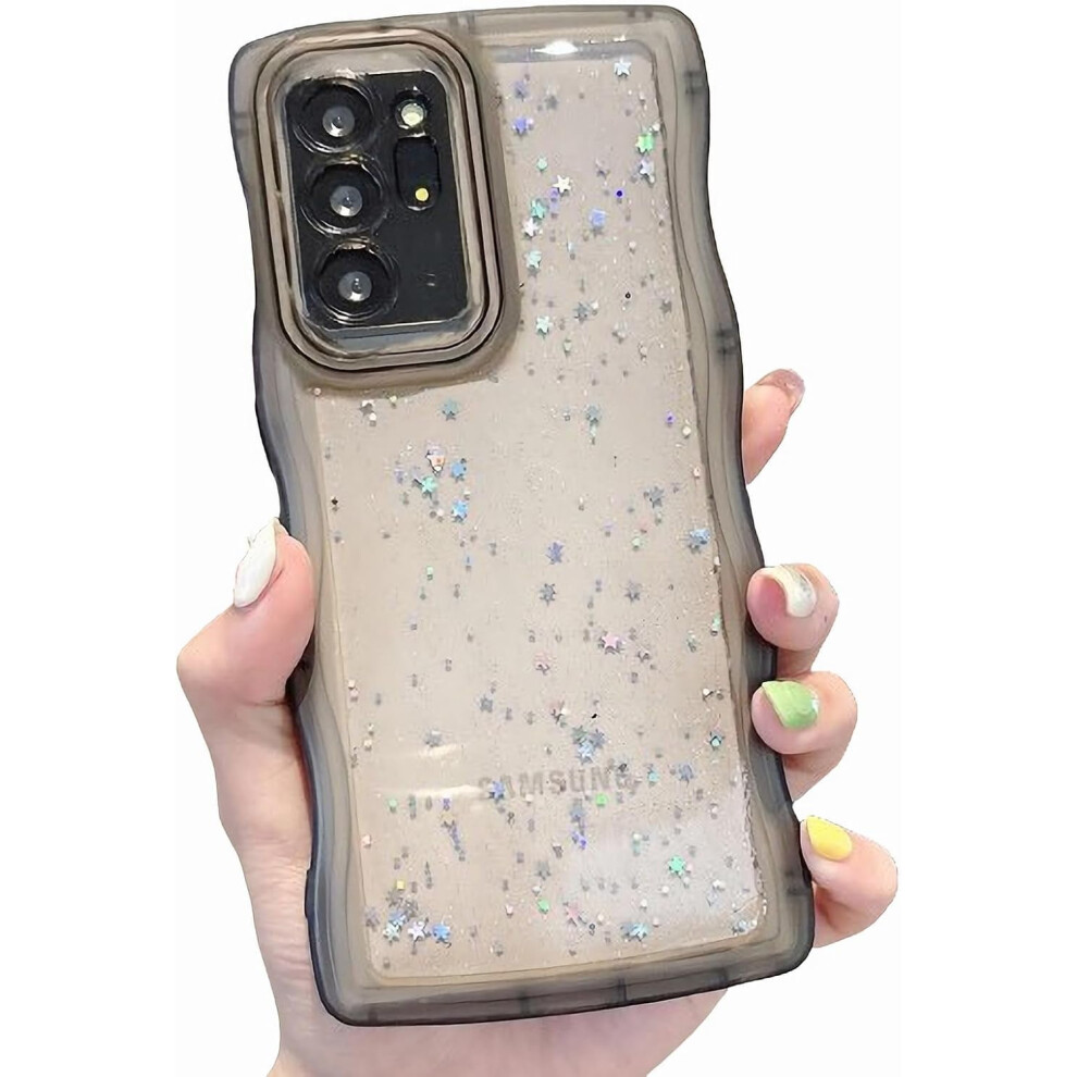 Glitter Clear Phone Case For Samsung Galaxy Note 20 Ultra – Curly Wave Frame, Bling Shiny, Soft Shockproof Bumper (Black) Black 9043876407673