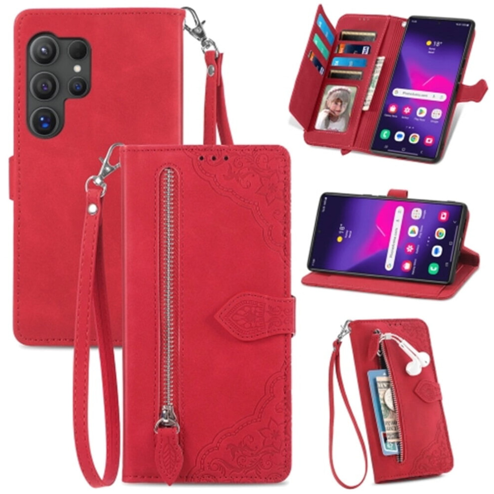 Compatible With Samsung Galaxy S25 Ultra 5G 6.9" Pu Leather Magnetic Flip Wallet Case With Lanyard, Wristlet & Zipper Card Holder 9405492232853