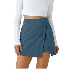 Saia feminina de veludo cotelê com shorts embutidos, minissaia envelope de cintura alta – look casual para outono/inverno, azul tamanho XXL