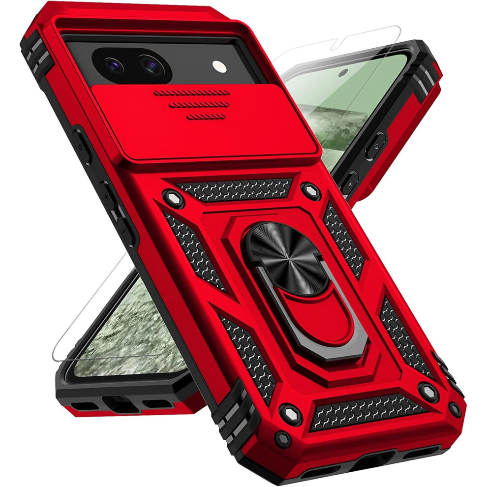 Google Pixel 8A Case With Slide Camera Cover, Hd Screen Protector, Military-Grade Drop Tested, Magnetic Ring & Kickstand – Red 9425574212078