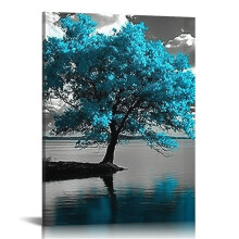 Tree Canvas Wall Art Black and White Teal Tree with Full Moon Painting Pictures Prints Artwork for Living Room Bedroom Wall Decor 16x20 in