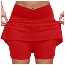 Gonna-pantalone da donna con tasche, controllo addominale, taglie forti, pantaloni sportivi atletici a vita alta, gonna-pantaloncini casual, rosso, M