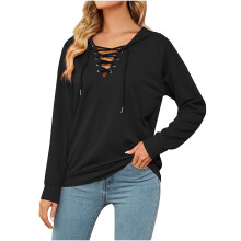 Womens 2025 Fashion Lace Up V Neck Drawstring Long Sleeve Hoodies Sweatshirt Pullover Tops