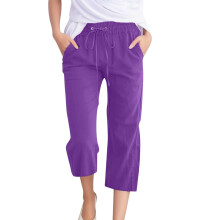 Pantaloni capri da donna in cotone e lino, estivi, dritti, larghi, a vita alta, casual, corti, ideali per la spiaggia, i viaggi e le vacanze, colore