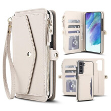 Cás Sparán Maighnéadach 2-in-1 Blocála RFID do Samsung Galaxy S21FE5G – Leathar PU, Sliotáin Ilchártaí, Póca Zipper, Gualainn & Láimh