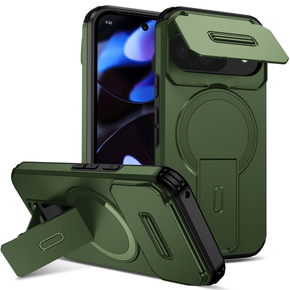 Google Pixel 9/9 Pro 6.3" Case With Fold Holder, Magsafe Charging, Sliding Camera Cover, Shockproof Rugged Cover, Green 9165521605613