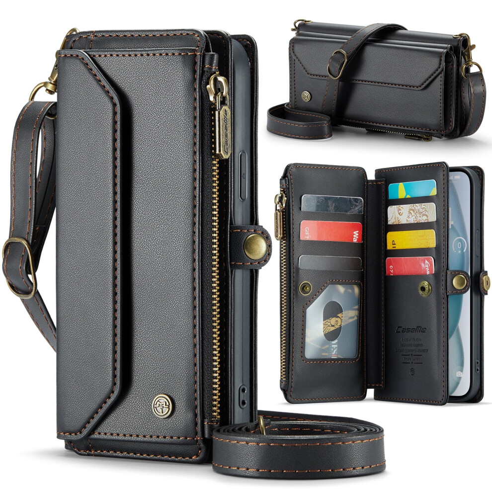 Shieldplus Iphone 16 Case Â Rfid Blocking Wallet, Magnetic Flip & Zipper, Pu Leather Crossbody For Women/Men, Black 9165521606818