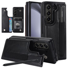 Samsung Galaxy Z Fold6 Hülle mit S Pen & Kartenhalter, robuste, stoßfeste magnetische Lederhülle mit Brieftaschenfunktion, Schwarz