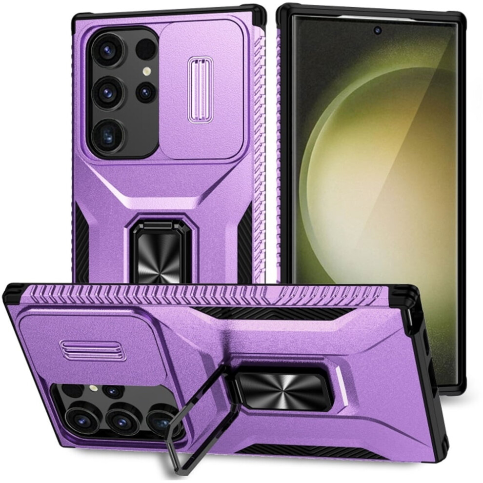 Slim Fit Shockproof Hybrid Case For Samsung Galaxy S24 Ultra 5GâSlide Camera Cover, Rotated Ring Kickstand, Military-Grade, Purple 9405492232068