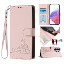 Compatible con Samsung Galaxy S25 Ultra 5G 6.9" Funda tipo cartera de cuero PU con bloqueo RFID con relieve de gato, imán fuerte, ranuras para