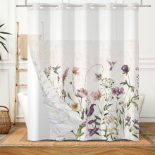 Rideau de douche fleuri Spring Vintage sans crochets avec doublure Ă boutons-pression, 180 cm de largeur x 188 cm de longueur