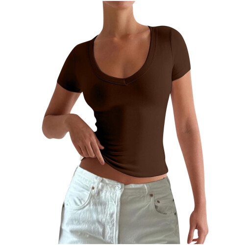 Magliette da donna elasticizzate a maniche corte con scollo rotondo, vestibilità slim, casual e basic.