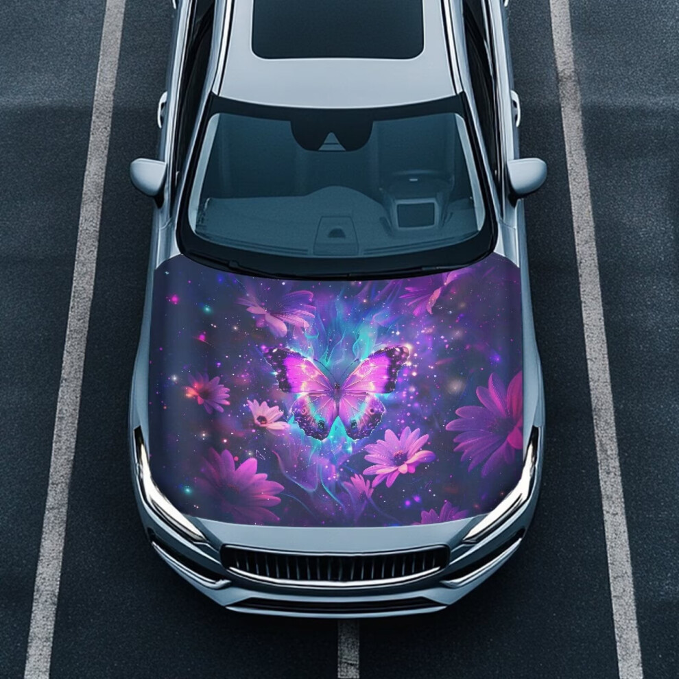 Butterfly Flower Auto Hood Cover Â Snowproof, Elastic Polyester Hood Protector Compatible With Cars Purple 9083649401668
