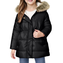 Girls Hooded Puffer Coat with Faux Fur Trimmed Hood Full Zip Front Snap Closure and Quilted Design Winter Outerwear Jacket Style #E044 Black 120