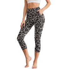 Leopardikuvioiset joogaleggingsit naisille, korkeavyötäröiset caprileggingsit, hengittävät joogahousut taskuilla, L