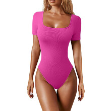 Women's Bodysuits Sexy Ribbed One Piece Square Neck Short Sleeve Bodysuits