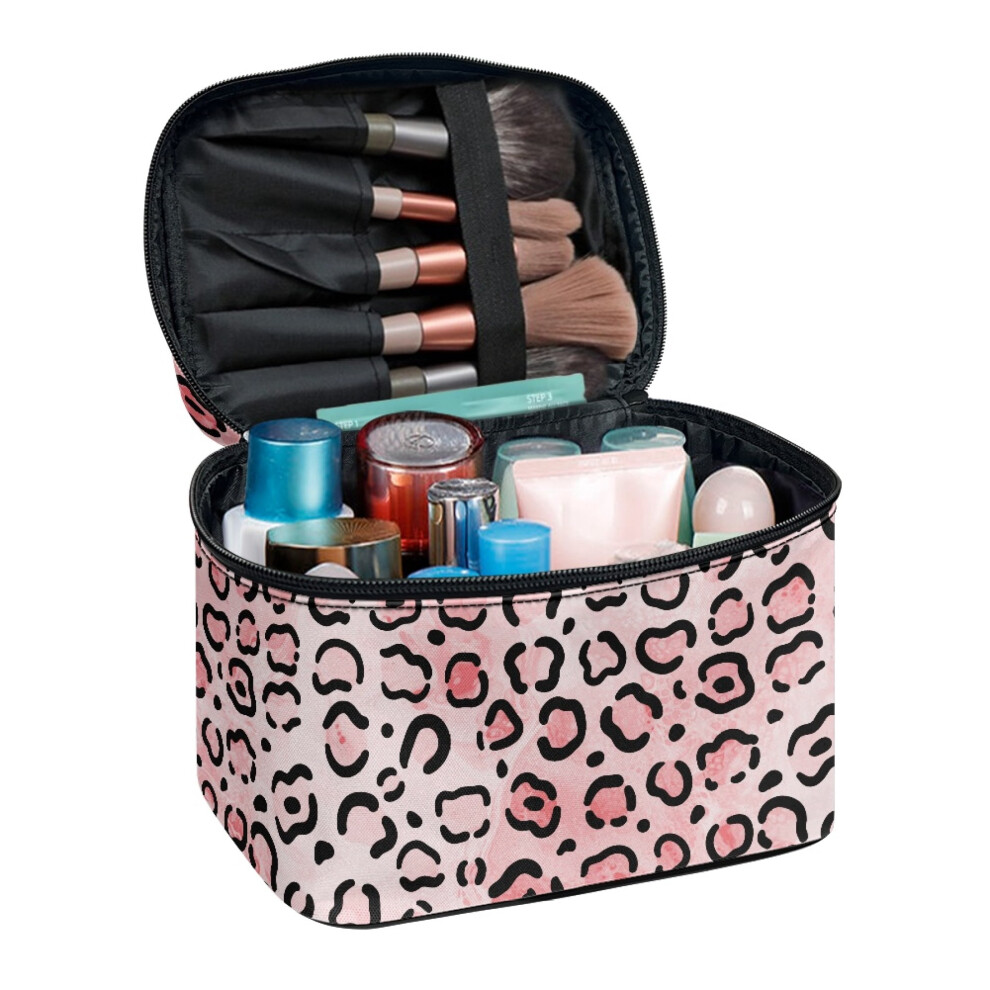 Pink Leopard Print Cosmetic Makeup Bag With Brush Slots Makeup Brush Bag Double Zipper Multi-Function Makeup Organizer