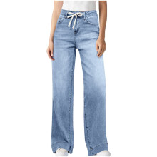Damen Stretch-Jeans mit elastischem Gummizug, weitem Bein, hohem Bund, Baggy Straight Leg Denim Pants Vintage Y2K