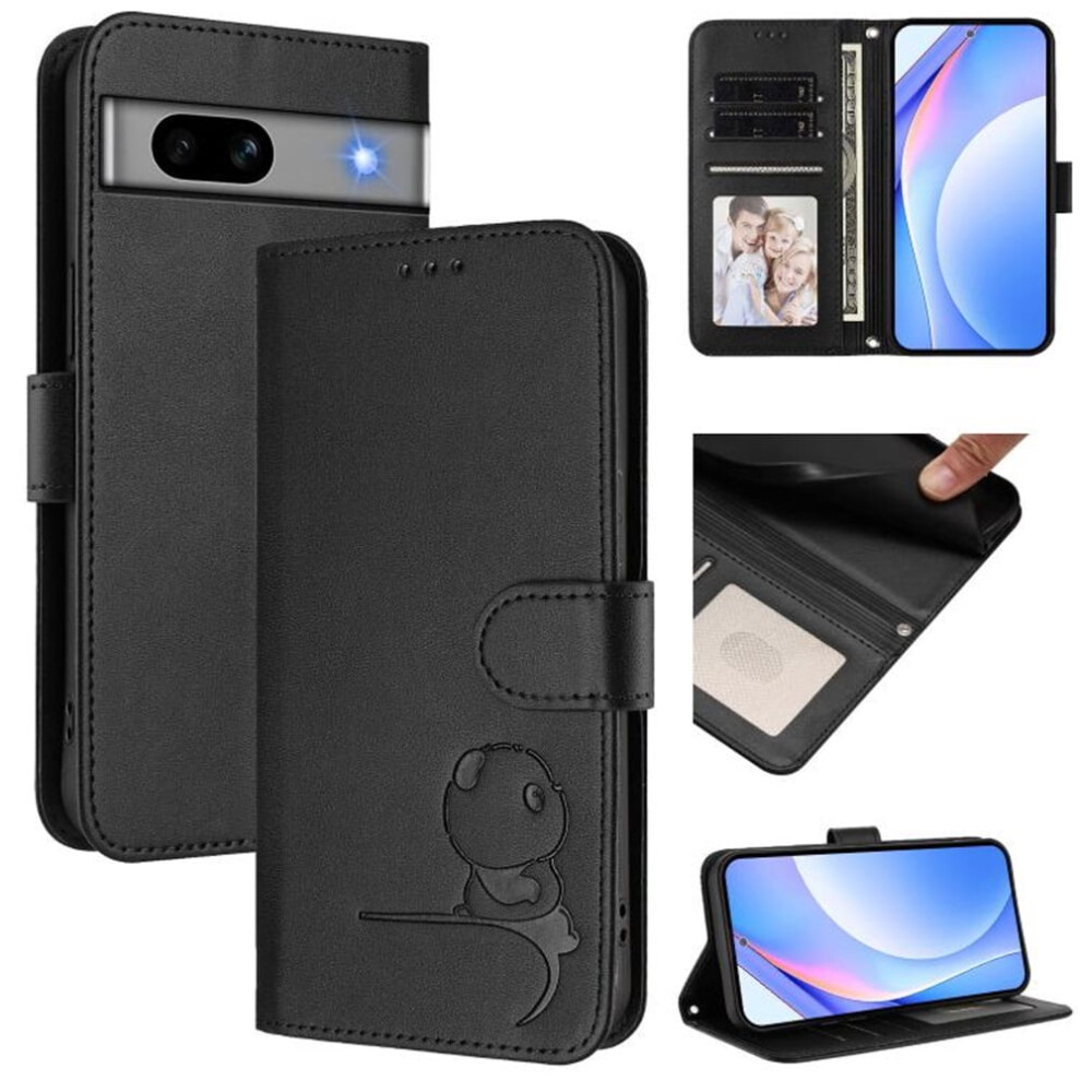 Litter Panda Embossed Leather Case For Google Pixel 7A Â Rfid Wallet, Magnetic Clasp, Lanyard & Flip Stand Â Black 9128909354329