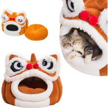 Chinese Lion Dance Lion Cats Bed, 360 Windproof Pet Nest with Plush Material and Non-Slip Bottom, Cute Lion Head Pet Beds for Cats