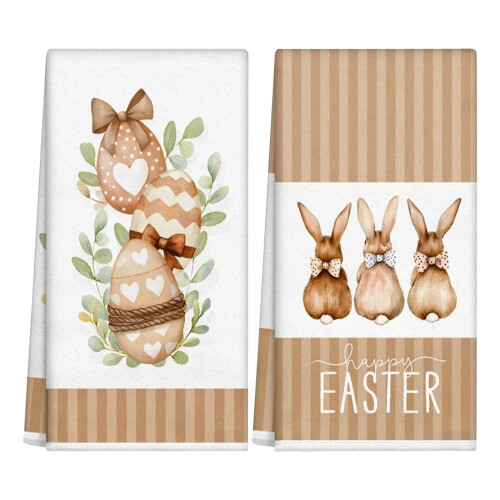 Easter Kitchen Dish Towels Set of 2 Bunny and Eggs Pattern