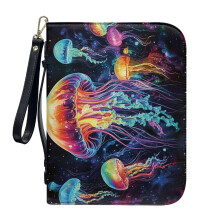 Dreamy Jellyfish PU Leather Bible Case for Women & Men, 2XL, Detachable Wristlet Strap, Compatible with Standard Bibles