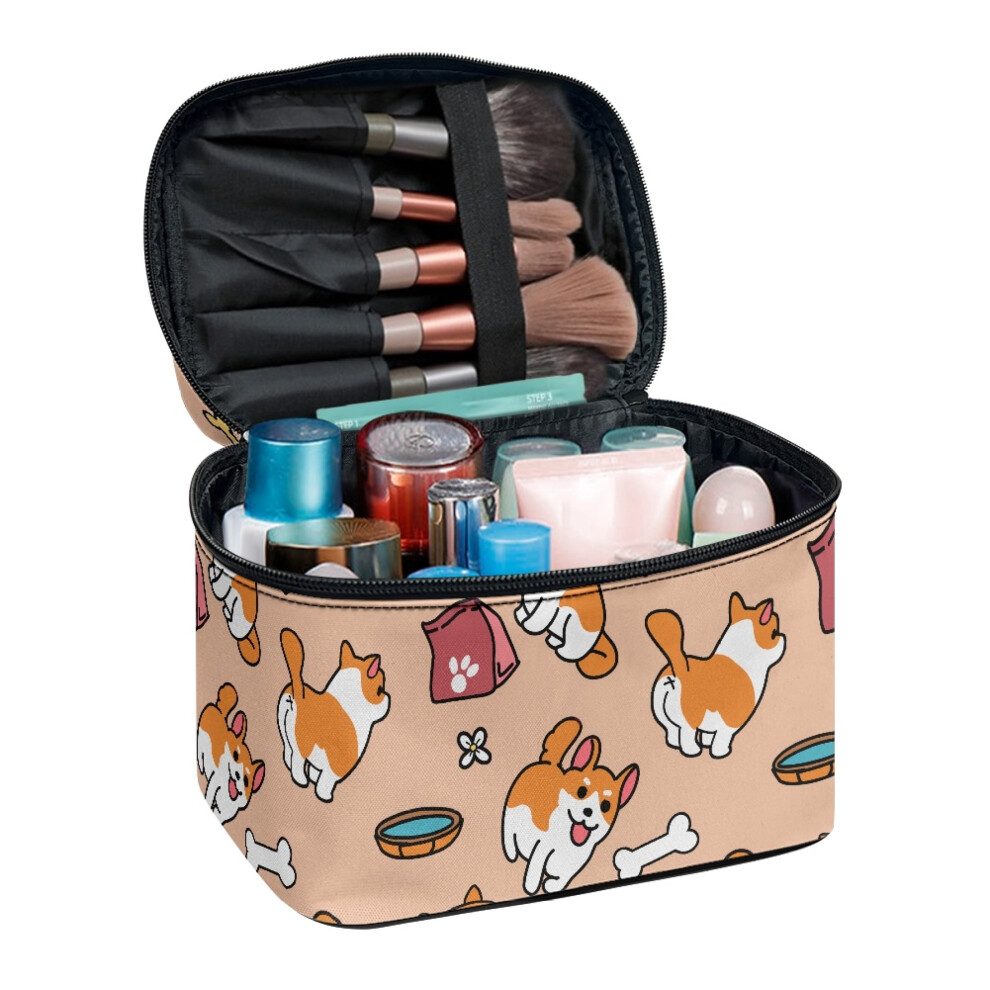Travel Makeup Case Organizer Travel Make up Case Large Capacity Double Zipper Corgi Dogs
