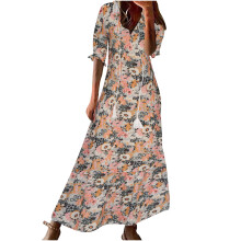 Boho-Kleid für Damen mit Print für Frühling und Sommer – V-Ausschnitt, Dreiviertelärmel, A-Linie