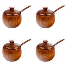 Vintage Wooden Jar with Spoon Lid, Rustic Sugar & Pepper Set for Coffee/Spice Storage – Farmhouse Kitchen Decor & Daily Use