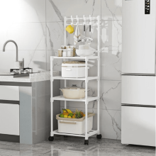 Pots and Pans Organizer Rack, Multi-Tier Storage Shelf, Kitchen Bakers Rack with 4 Hooks, Cooking Rack with Pots and Pans Storage, White